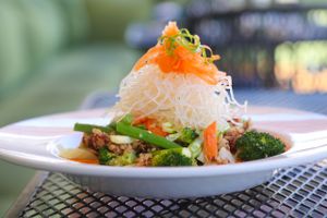 vegan stir fry...kelp noodles, fresh vegetables in a sauce of Chile, coconut and tamari, with quinoa rice pilaf...it's also gluten free!!! at Cafe Evergreen in Nokomis