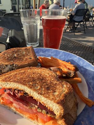 So yum! Beets, carrots, micro greens. Baked sweet potato fries  Kumbucha on tap!  at Cafe Evergreen in Nokomis