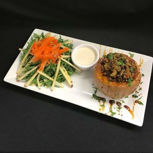 Chefs choice for #Dinner tonight! #Portabello and #Pineapple stuffed #Butternut #Squash with our #House #Made #QuiboaRicePilaf topped with a #Teriyaki #Sauce and accompanied with a #HouseSalad with choice of #Dressing #House #Made!  #MeatLess #Monday!! at Cafe Evergreen in Nokomis