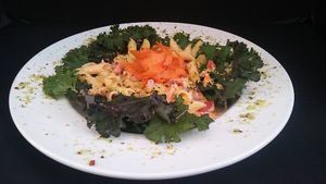 Chefs choice for Dinner: #Glutenfree #Pennepasta tossed in a #SundriedTomato #Basil #CreamSauce atop a bed of #Organic #Heirloom #Kale! #MeatlessMonday at Cafe Evergreen in Nokomis