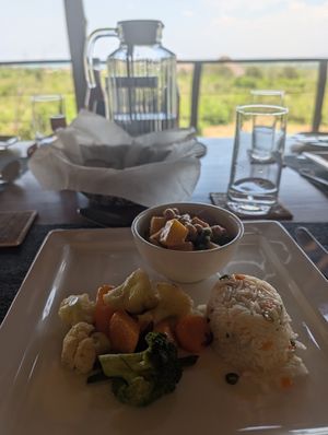 Chickpea curry and rice at Aardvark Safari Lodge in Katunguru