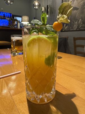 Homemade ice tea passion fruit ginger.  at Nemnem Restaurant in Berlin