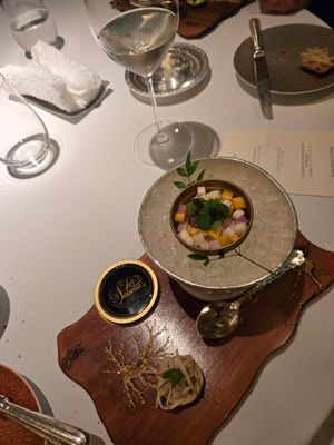 Amuse bouche: pickled vegetables, celery root tart with mustard at Les Saisons in Tokyo