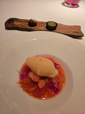 Dessert is grapefruit, and chocolate with a fresh sorbet. Yum! at Les Saisons in Tokyo
