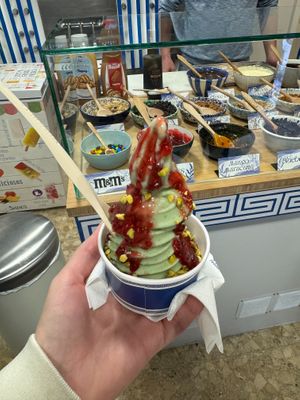 Pistachio ice cream (vegan) + 2 toppings: raspberry and pistachio. at Greek Frozen Yogurt in Valencia