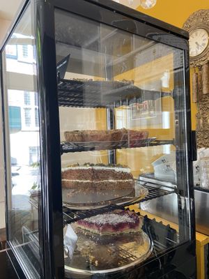 From top to bottom: apple pie, strawberry/rhubarb pie, carrot cake and cherry/coconut pie.  at KLUTS in Utrecht