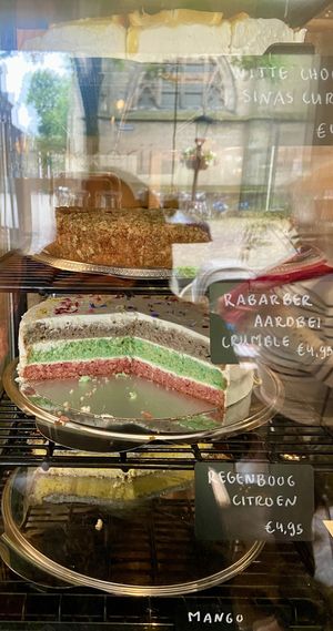 Pies Saturday 1 June 2024 (Pride in Utrecht). The rainbow pie is a variation on their Blueberry/lemon pie. at KLUTS in Utrecht