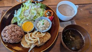 Lunch plate set (with fermented carrot dressing, and sesame soy meat), included rice, soy meat, salad, miso soup, and soy chai! at Additive-free rice 88 - 無添加ごはん88 in Abashiri
