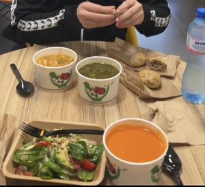 Tomato-bell pepper soup, spinach soup, white beans and salad   at Sonya's Kitchen in Sofia