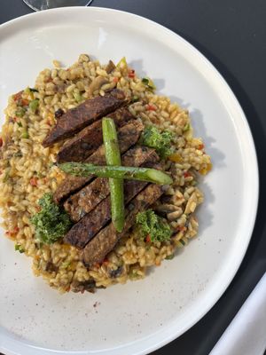 Veggie risotto w. vegan meat from beans  at Hotel Miconia Restaurant in San Cristobal