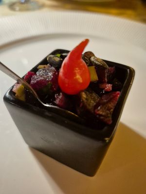 Mise en bouche: apples, beetroot, coriander and tomatoes at Le Vieux Chalet in Champery