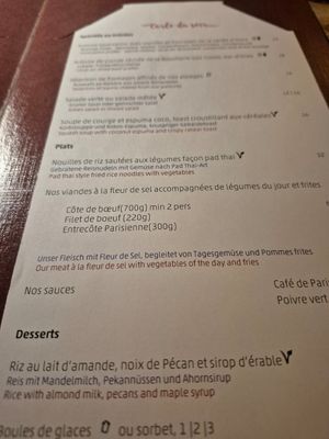 Vegan options clearly marked at Le Vieux Chalet in Champery