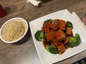 The tofu option with brown rice. Tofu was nice and crispy on the outside and soft on the inside.  at Silk Road Asian Cuisine in Lewis Center