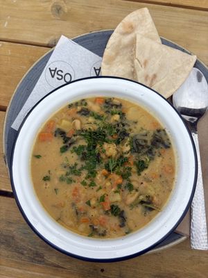 White bean and kale soup. Normally served with sourdough but I asked for a gluten free alternative    at Other Space Arts CIC in Windsor