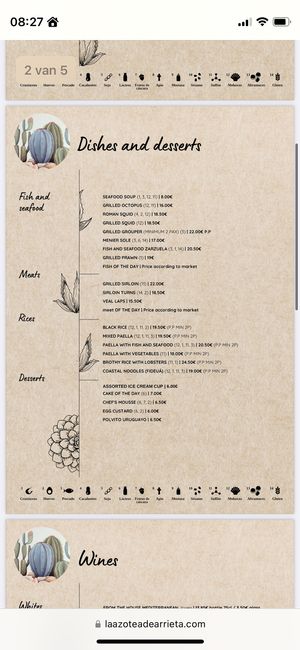 Allergies clearly marked on the menu  at La Azotea De Arrieta in Lanzarote