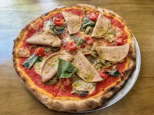 Veggiedella with plant based mortadella   at A Gogò Pizzabar  in Mallorca