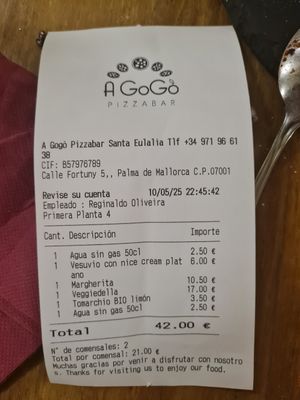 Final bill at A Gogò Pizzabar  in Mallorca