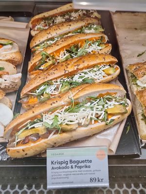 Baguette with avocado, grilled veggies, vegan mozzarella, bell peppers sauce at Espresso House  in Stockholm