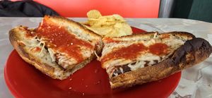 Vegan Eggplant Parmigiana Sandwich with Vegan cheese at L'Osteria Mondello in Cheyenne