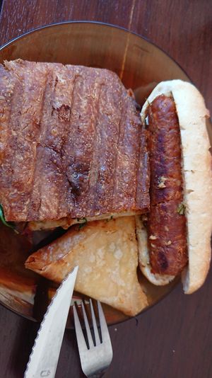 Focaccia, hot dog and I guess samosa? at La Madriguera in Bilbao