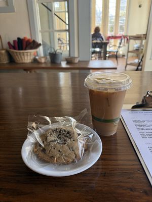 chocolate chip tahini cookie & dirty chai latte w/ oat milkk  at Rockin' Cat Organic Coffee & Tea in Pittsburgh