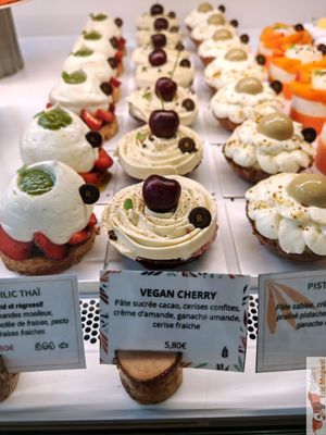 - A cherry cake (sweet cocoa dough, candied cherries, cream, almond ganache, fresh cherries) at ROSEMARY - Salon de patisserie in Nantes