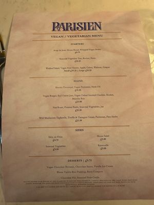 dedicated vegan/vegetarian menu at Parisien in Belfast
