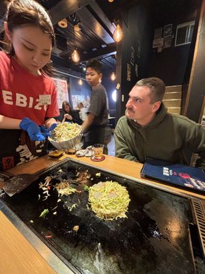 Vegan okonomiyaki!  at Kaisen Monjya Ebizo in Osaka