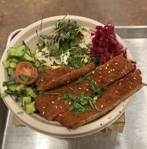 Vegan chicken schnitzel hummus bowl.  at The Hummus Shop in Boston