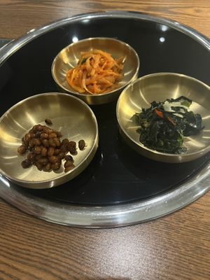 Complimentary nibbles. Make sure to tell them vegan as one not pictured was not vegan   at Cahchi Korean BBQ Restaurant in New Malden