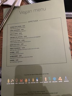 Vegan menu  at Cahchi Korean BBQ Restaurant in New Malden