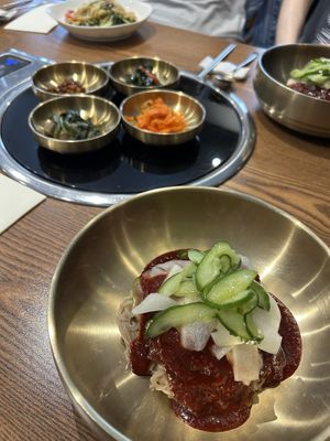 Bibim-naengmyeon with side dishess  at Cahchi Korean BBQ Restaurant in New Malden