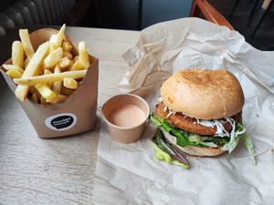 Burger and fries at Monkey Munch in Zurich