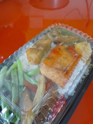 Preparing my take away vegan food at CHAY GIA ĐÌNH NHẬT HẠ in Ho Chi Minh City
