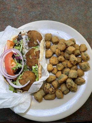 Falafel Sandwich with fried okraa  at Chickpeas Mediterranean Grill in Mobile