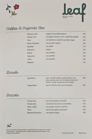 Menu at Leaf - Healthy Living Store in Tirana