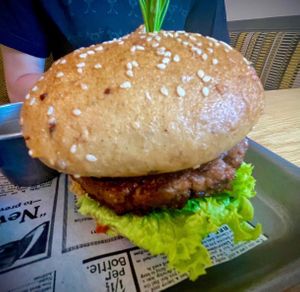 The vegan burger  at Hotel & Restaurant Fines in Santa Magdalena