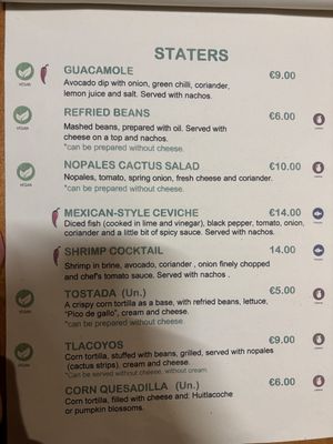 Veggie starters, vegan options clearly labeled  at Mi Méjico in Granada