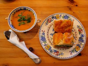 Miso, Carrot & Ginger Soup and Gochu Tofu. at Bae Borth Deli Bar in Porthmadog