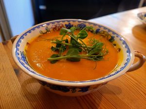 Miso, Carrot & Ginger Soup. at Bae Borth Deli Bar in Porthmadog