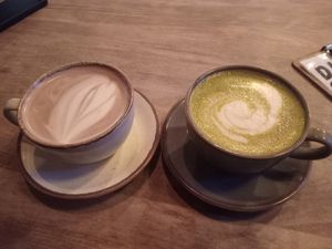 Hot chocolate and matcha latte at Pink Moon  in Brighton