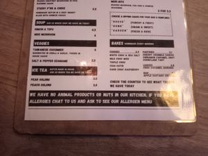 Notice about the vegan products in kitchen at Pink Moon  in Brighton