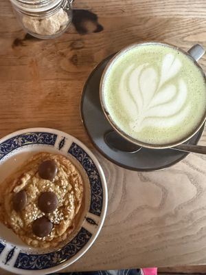 Matcha and a chocolate miso cookie   at Pink Moon  in Brighton