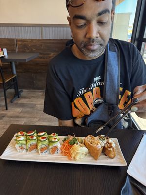 Caterpillar roll, dynamite pocket and dope vegan streetwear creator, Kendrick of Social Illz  at Basil Vegan Thai & Sushi in Las Vegas