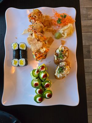 Dynamite pocket & Ohsinko, Caterpillar, Sunset Rolls at Basil Vegan Thai & Sushi in Las Vegas
