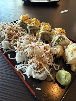 Crunchy California roll (front) and tropical dragon roll (back)  at Basil Vegan Thai & Sushi in Las Vegas