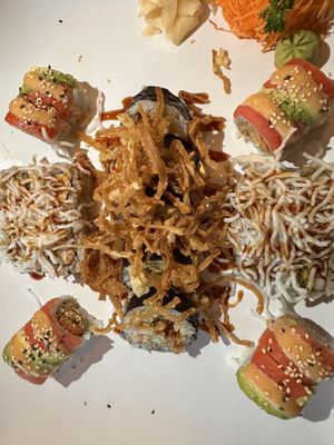 Yuba roll (the colorful ones), crunchy California roll and, in the middle, a spider roll.   at Basil Vegan Thai & Sushi in Las Vegas