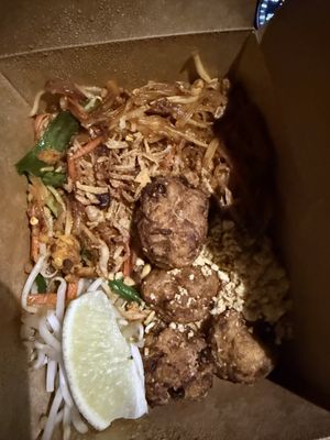 Pad Thai with vegan nugget things   at Basil Vegan Thai & Sushi in Las Vegas