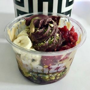 Banana, raspberry and pistachio with peanut butter and agave  at Drizz Soft Serve Açai in Dubai