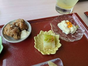 Karaage, pickled rape and yuba at Vegan Sushi Kyoto in Kyoto